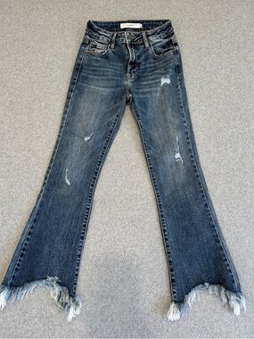 Hidden Dark Wash Distressed Frayed Raw Hem Flare Jeans